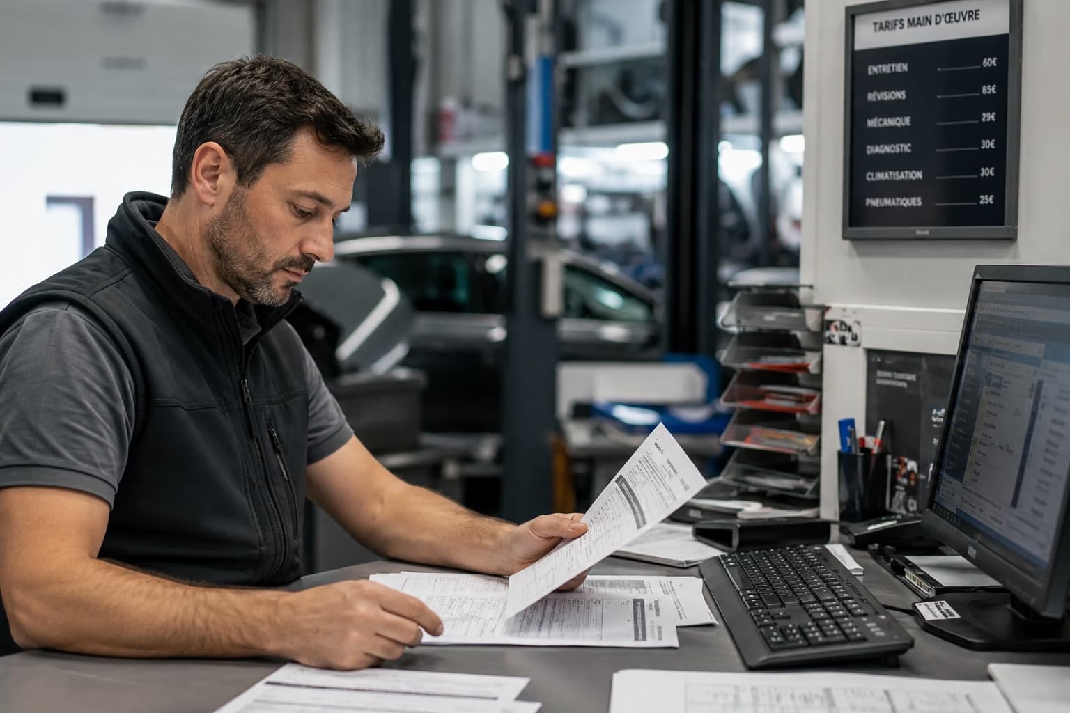 Chef d'atelier consultant des documents administratifs dans un garage professionnel