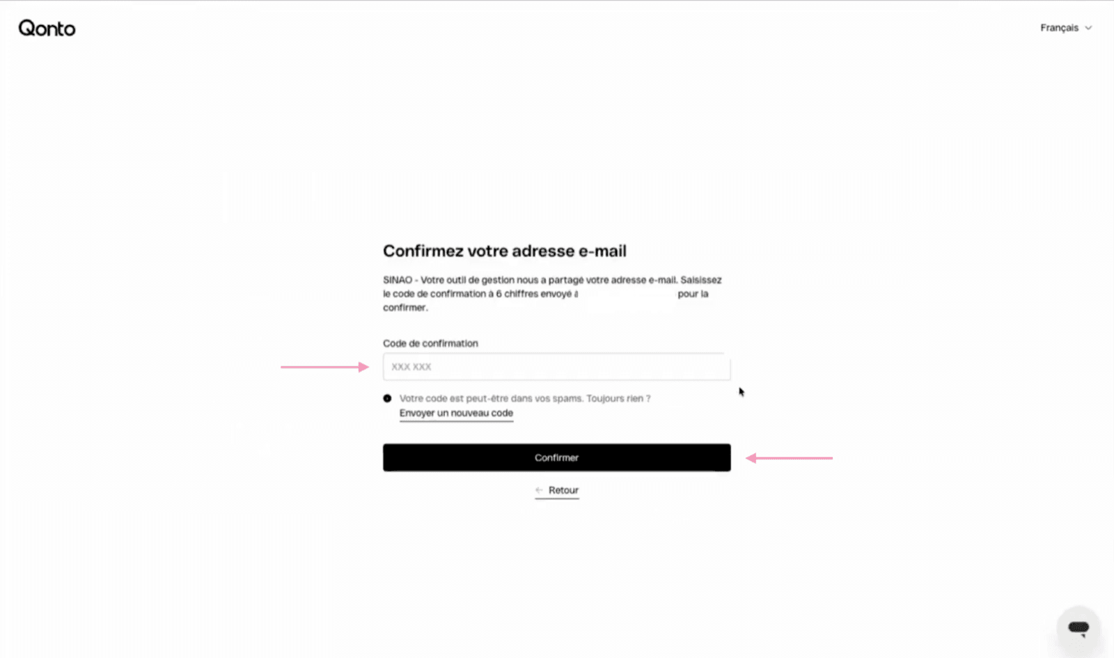 Saisie du code de validation e-mail