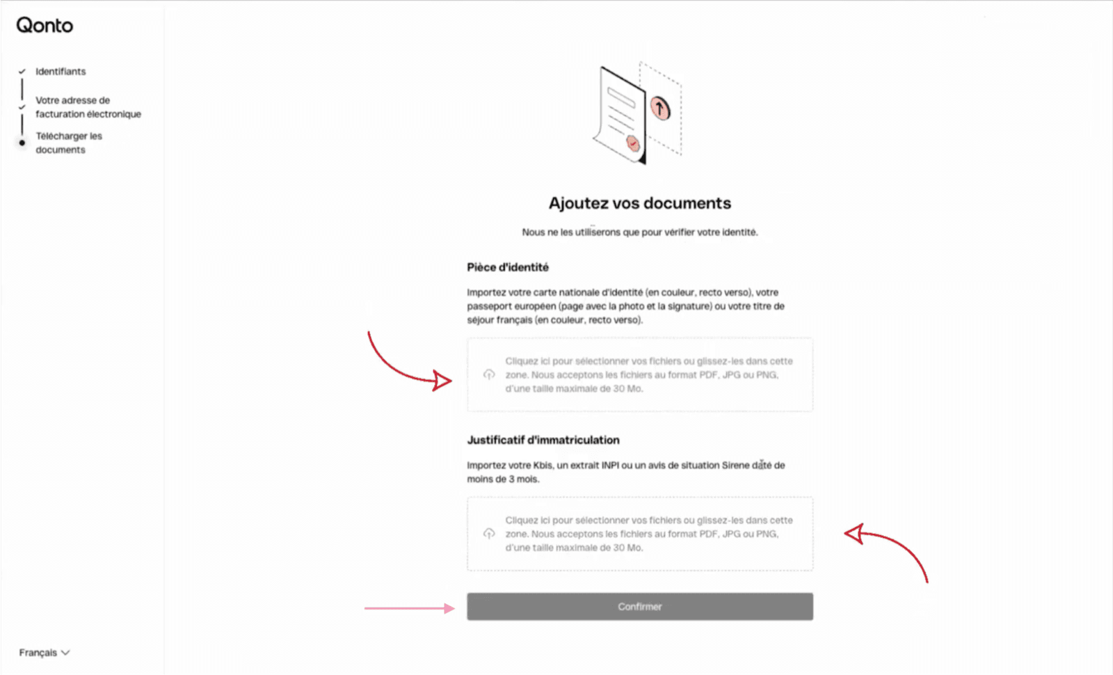 Téléversement des justificatifs d'identité et d'immatriculation