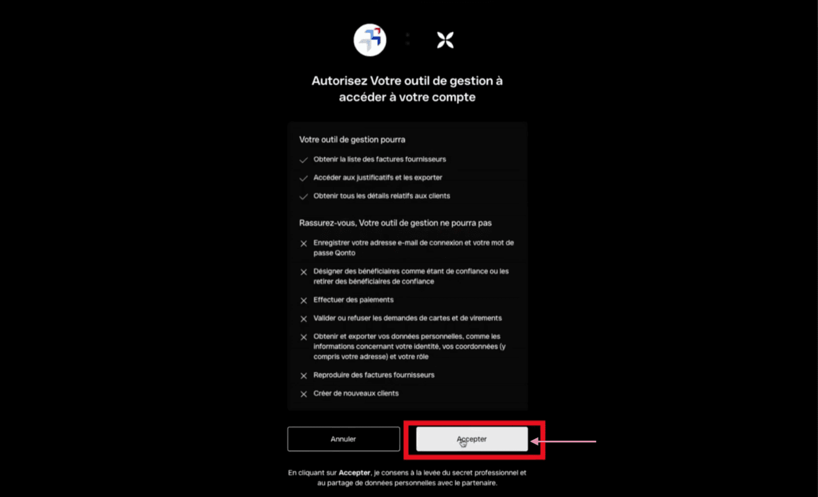 Autorisation de connexion Qonto